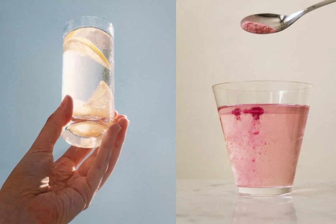 Sitruunavettä lasissa ja juomajauhetta sekoittumassa veteen